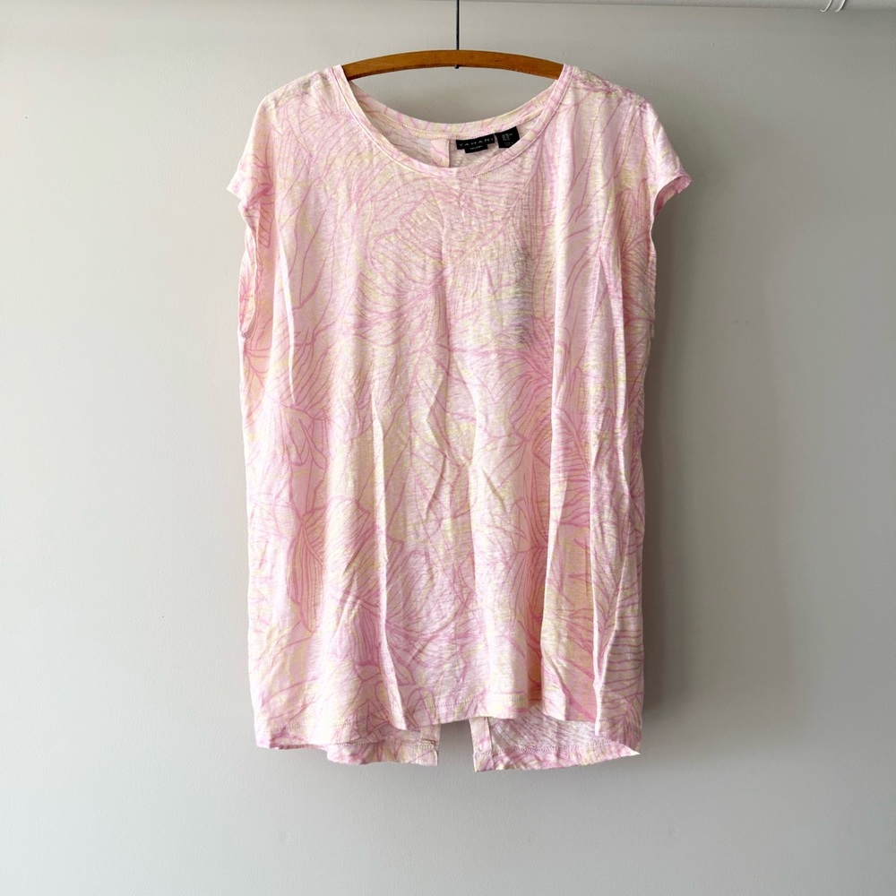 NWT TAHARI‎ Linen Tropical Leaf Print Button Back Cap Sleeve Top Pastel XL